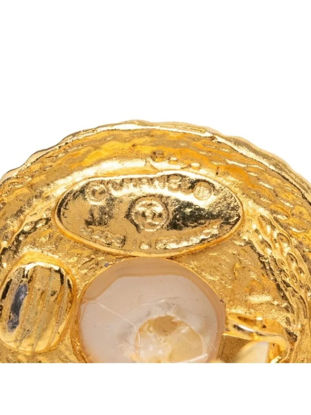 Chanel Logo Round Circle Earrings Gold Faux Pearl Plated